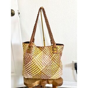 Elliott Lucca  Woven Leather Tote Bag Large Size Brown Neutrals Gold Hardware
